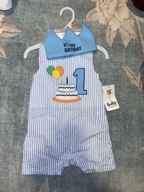 Baby Starters Light Blue & White Striped First Birthday Romper with Blue Crown